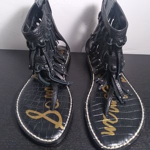 Samedelman fringe western gladiator sandal womens 8M black leather flat